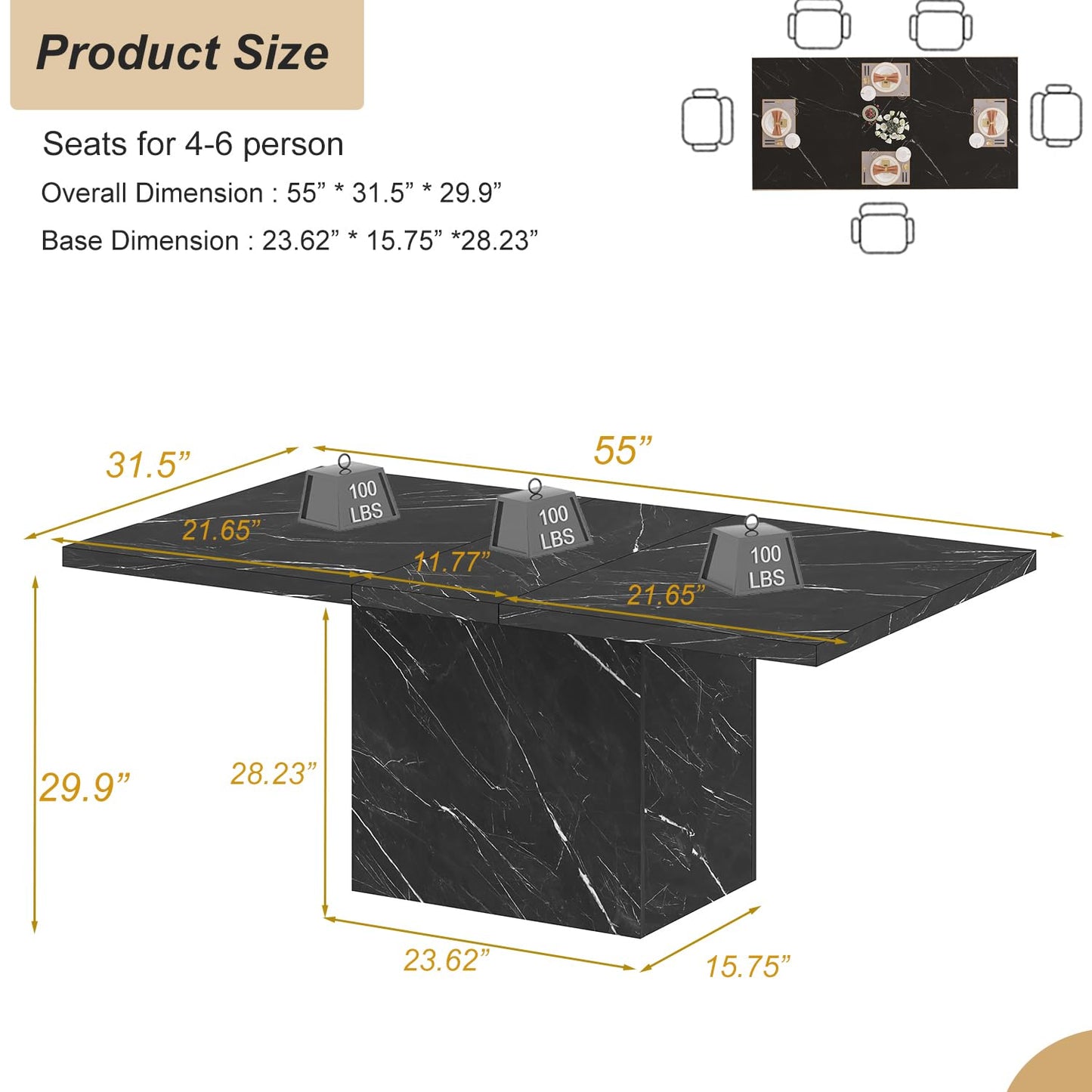 HSH Dining Table Modern Rectangle Kitchen Dinner Table 140cm Black Marble