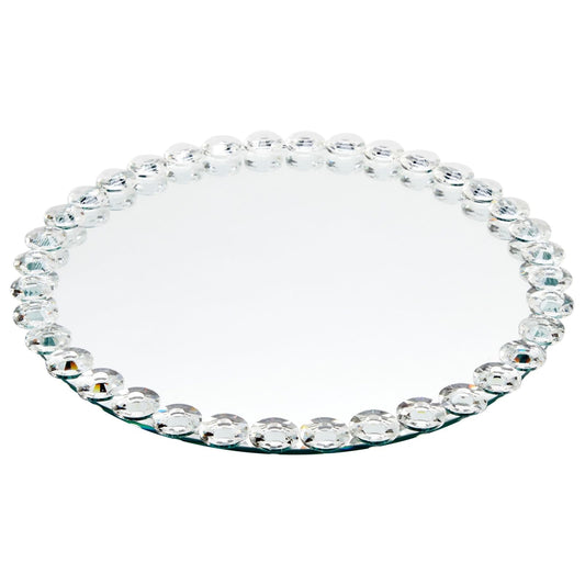 Okuna Outpost 12 in Crystal Bead Round Mirror Tray to Display Perfume, Jewelry, Candles, Bling Serving Tray for Bathroom, Living Room, Office, Vanity,