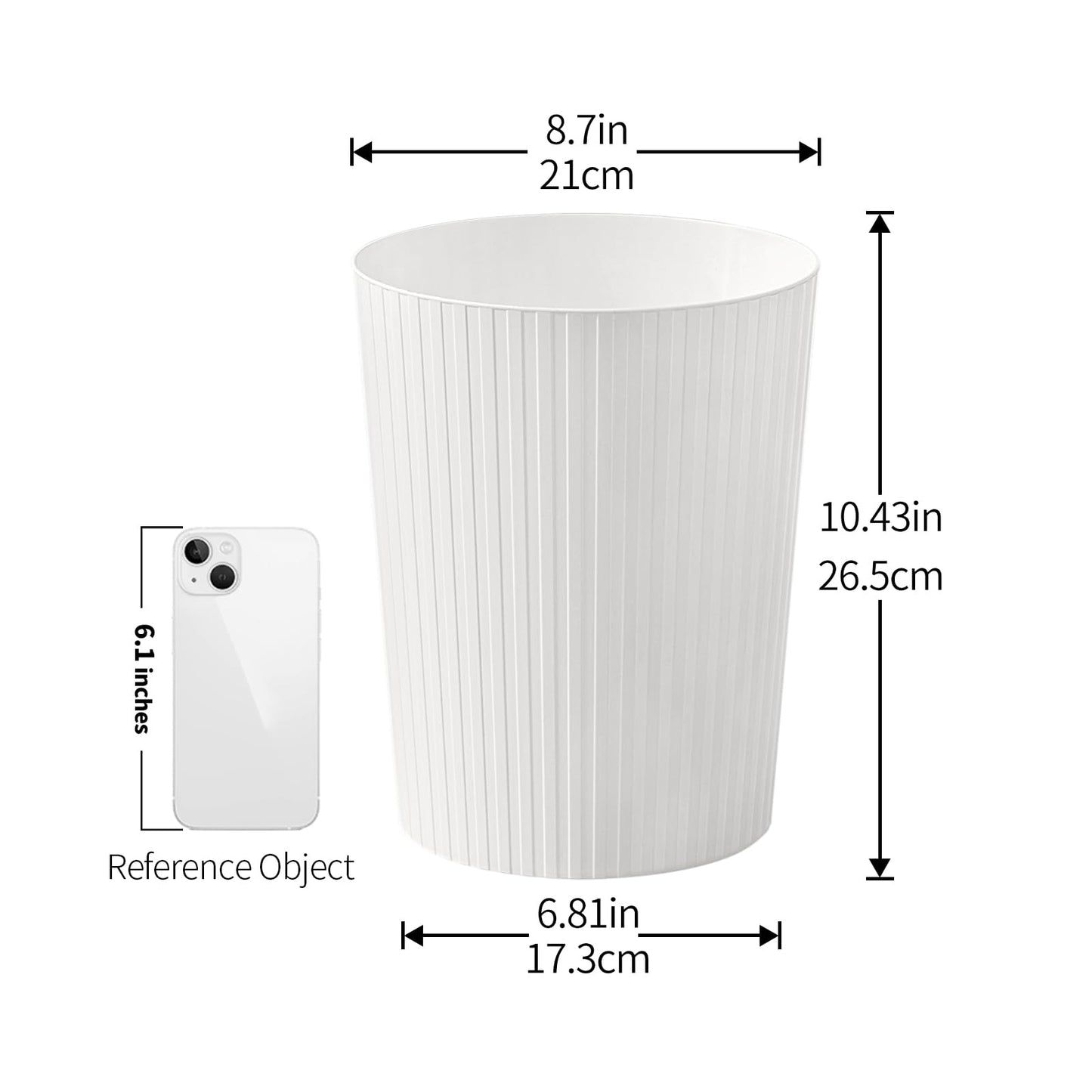 Cetomo 7.2L*3 Plastic Waste Paper Bin, Trash Can, Small Bins, Bedroom Bin, Round Waste Basket with Solid Stripe for Kitchen Rooms, Nesting, Matte