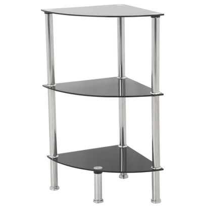 MAHARA 3 Tier Chrome Effect Black Corner Glass Shelving Unit - Tempered Safety Glass Shelves Max 5kg - Storage Unit W41cm x D30cm x H61.5cm