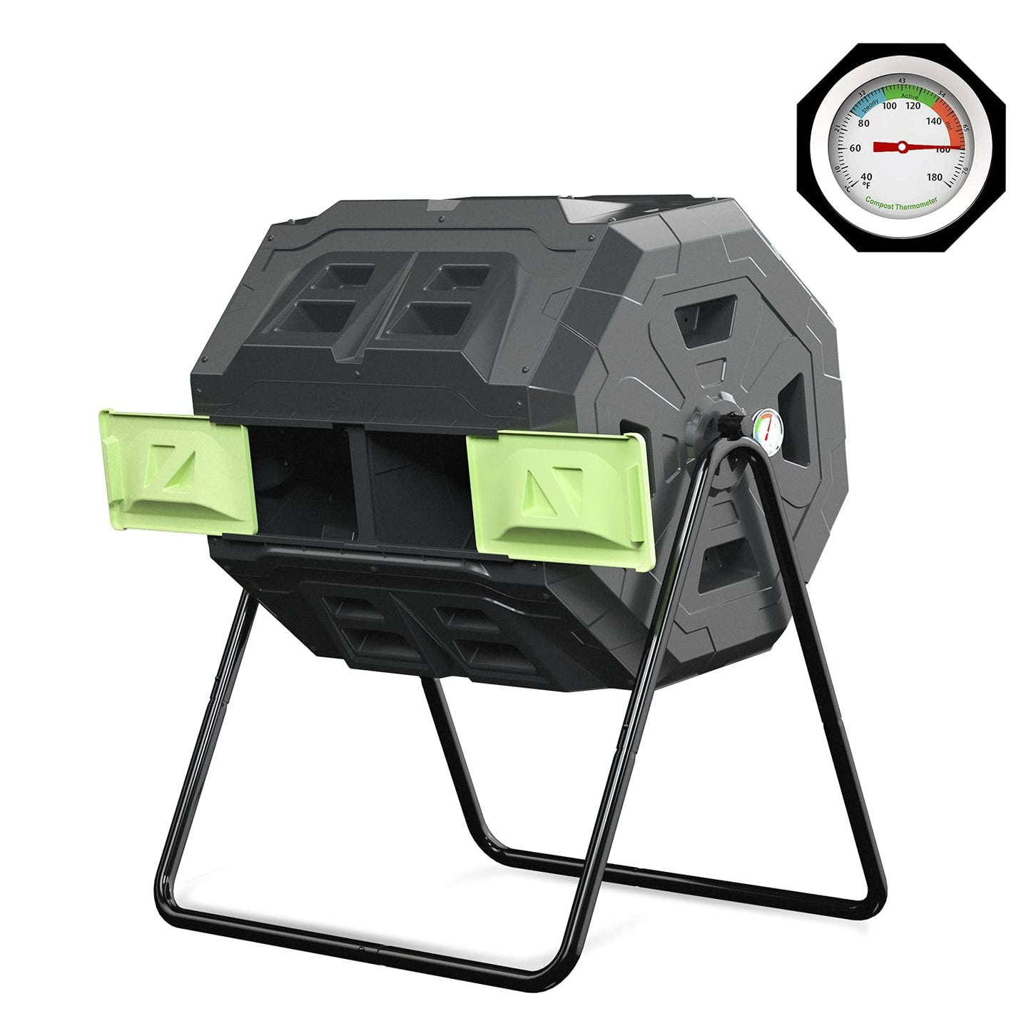 160L Upgraded Tumbling Composter with Compost Thermometer - Dual Chamber Garden Compost Bin (Green)