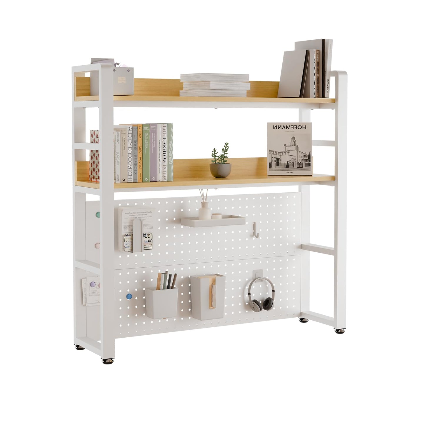 Boltmol 2-Tier Desk Shelf With Concealed Screws Design,Beige 95CM, Desktop Organizer With Pegboard, Countertop Storage Bookcase For Home