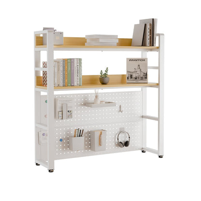 Boltmol 2-Tier Desk Shelf With Concealed Screws Design,Beige 95CM, Desktop Organizer With Pegboard, Countertop Storage Bookcase For Home