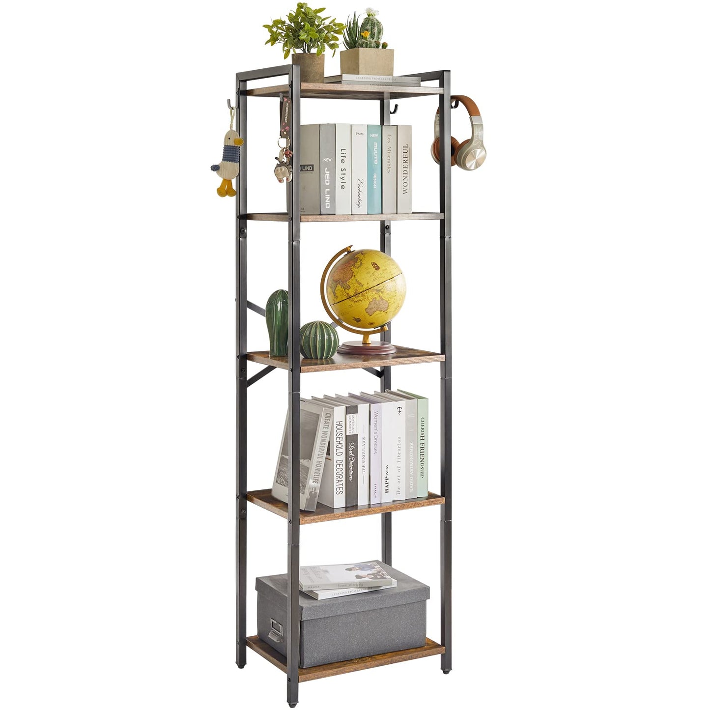 YMYNY Bookshelf,5 Tier Storage Rack, Plant Rack, Storage Rack with Steel Frame,for Living Room, Office, Study, Hallway, Industrial Style, Rustic Brown