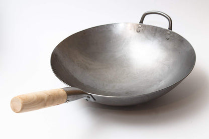 Craft Wok Traditional Hand Hammered Carbon Steel Pow Wok with Wooden and Steel Helper Handle (14 Inch, Round Bottom)/731W88