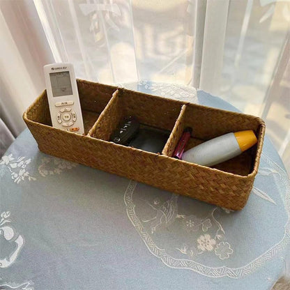 Toilet Tank Basket, Seagrass Storage Basket for Bathroom, Wicker Woven Bathroom Organizer with 3 Compartments, Small