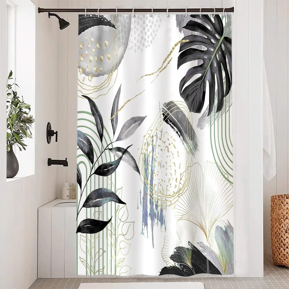 Uiiooazy Anti-Mould Shower Curtain, 150 x 180 cm, Black Tropical Palm Leaves Jungle Abstract Bath Curtains Washable Fabric Waterproof Bathroom