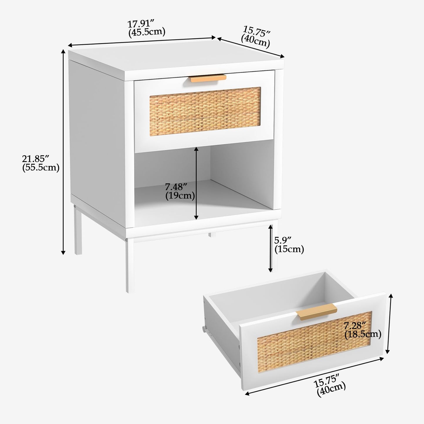 Skokliz Bedside Tables Set of 2, Rattan Bed Side Table for Bedroom with Drawer & Open Shelf, Wood Nightstand, White Bedside Cabinets for Living Room
