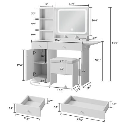 IRONCK Vanity Desk Set with LED Mirror & Stool, Charging Station, White