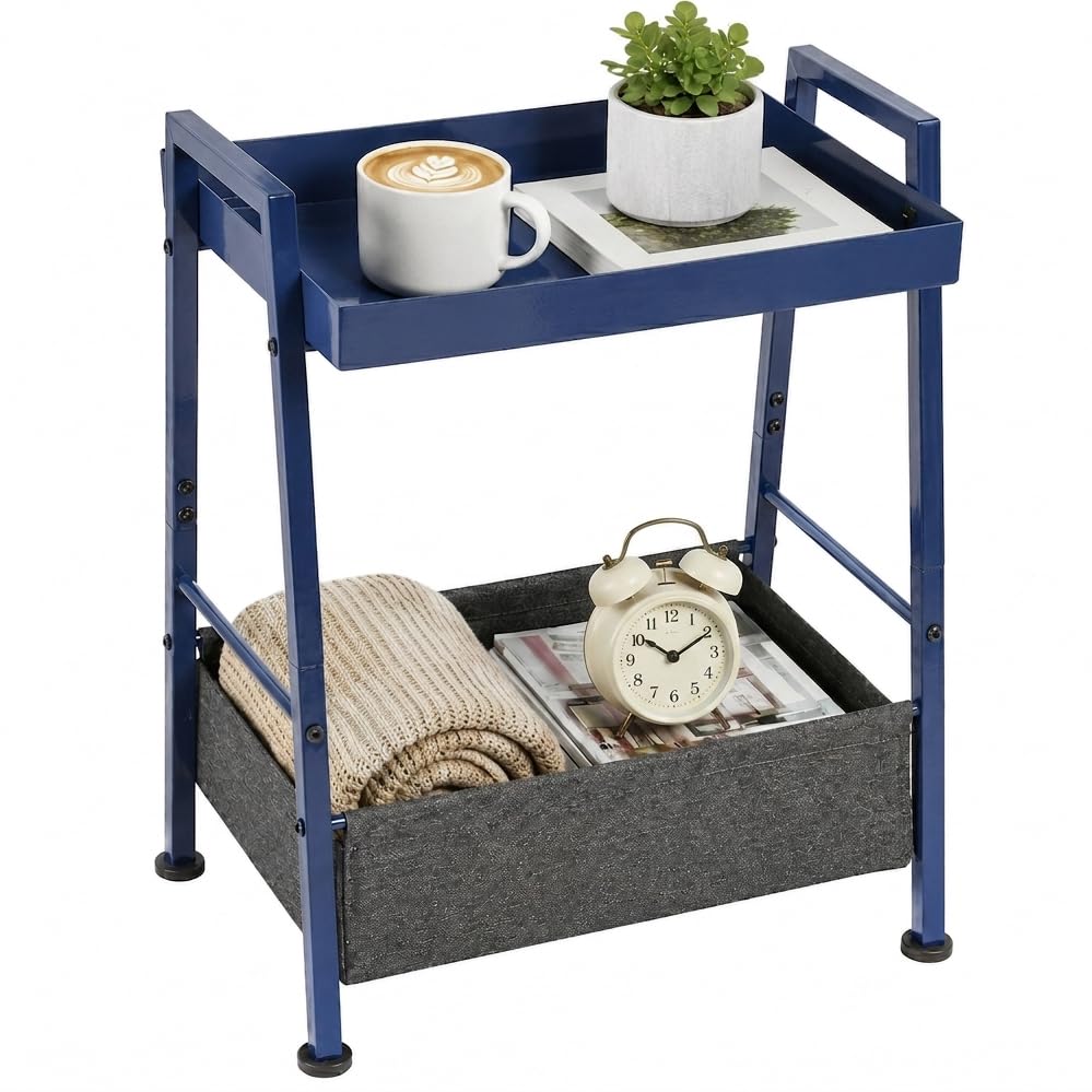 ZEXVIDA Small End Table with Fabric Storage Basket, 2-Tier Modern Metal Side Table with Tray Top, Unique Side Tables