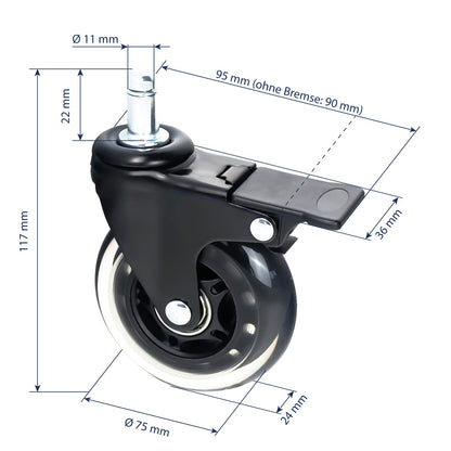 HMF 5-Pack Hard Floor Swivel Castors with Brake | 11 mm, Polyurethane, 75 mm, Black
