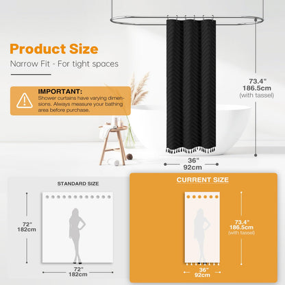 BTTN Narrow Boho Tufted Chevron Shower Curtain, Waterproof, 92x186cm, Black
