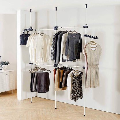 Heavy Duty Clothes Rack, Telescopic Coat Hanger Wardrobe Organiser, Hanging Rail, Garment Rack, Stainless Steel Poles and Bars