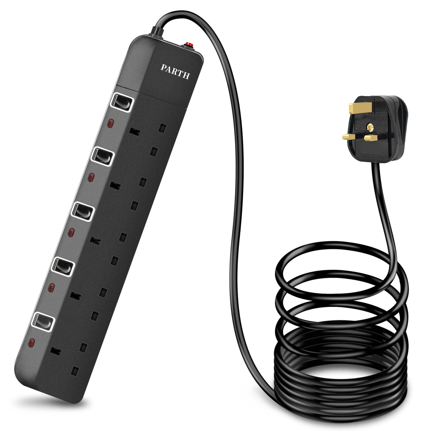PARTH 5 Way Extension Lead Surge Protected UK Plug Extension Socket With 4M Extra Long Cord Surge Protection Black Extension Cable Individual Switches