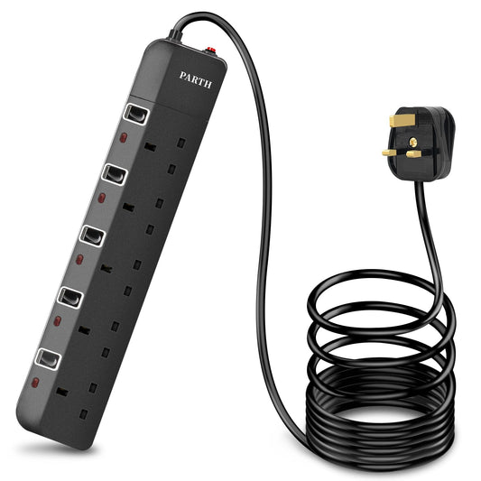 PARTH 10m Surge Protected Extension Lead 5 Way, Extension Cable 5 Gang UK Plug Extension Socket, Black Extension Lead with Switches, 10 Metre Extra