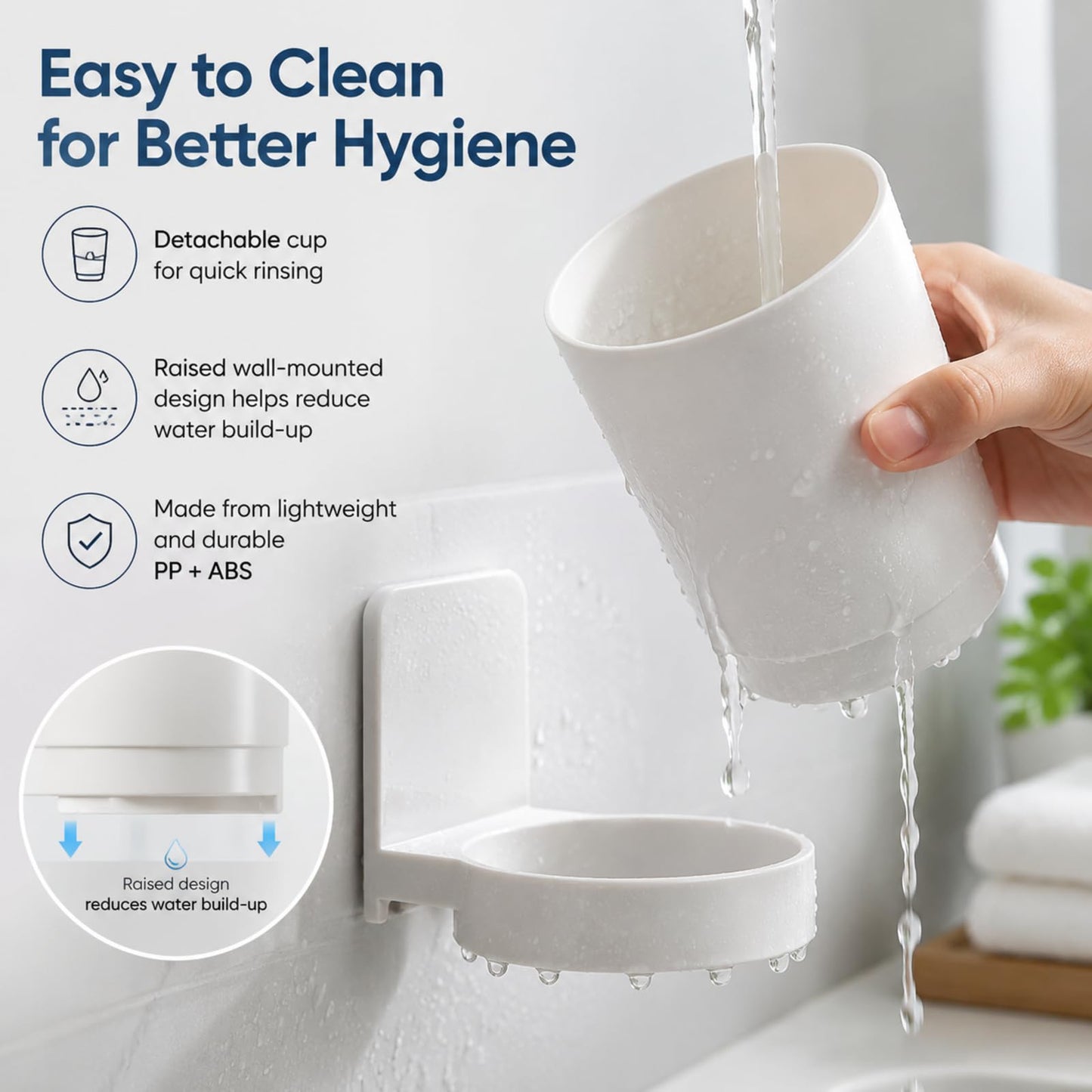 Wall Mounted Toothbrush Holder with Removable Cup, Self Adhesive Bathroom Toothbrush Cup Holder, No Drill Tooth Brushing Cup
