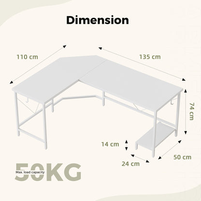 Mericonia L Shaped Desk, Diamond Design for Socket, 135x110cm, White