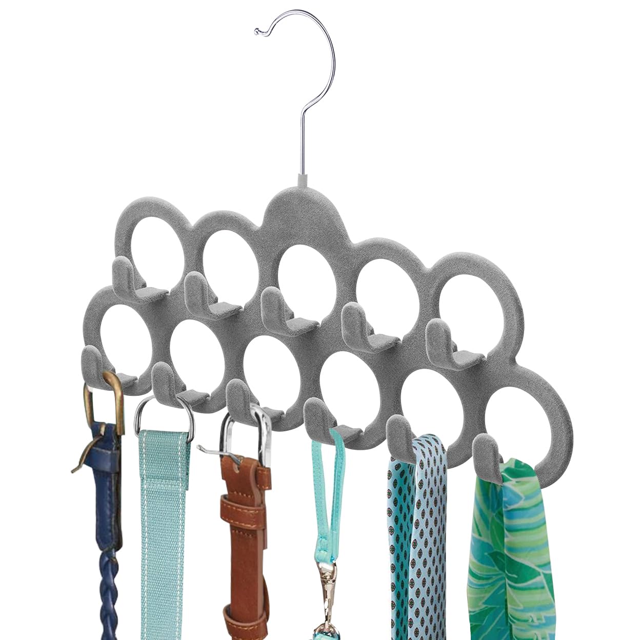 ManGotree Velvet Scarf Storage Hangers with 11 Loops and Hooks 2 Pack Grey