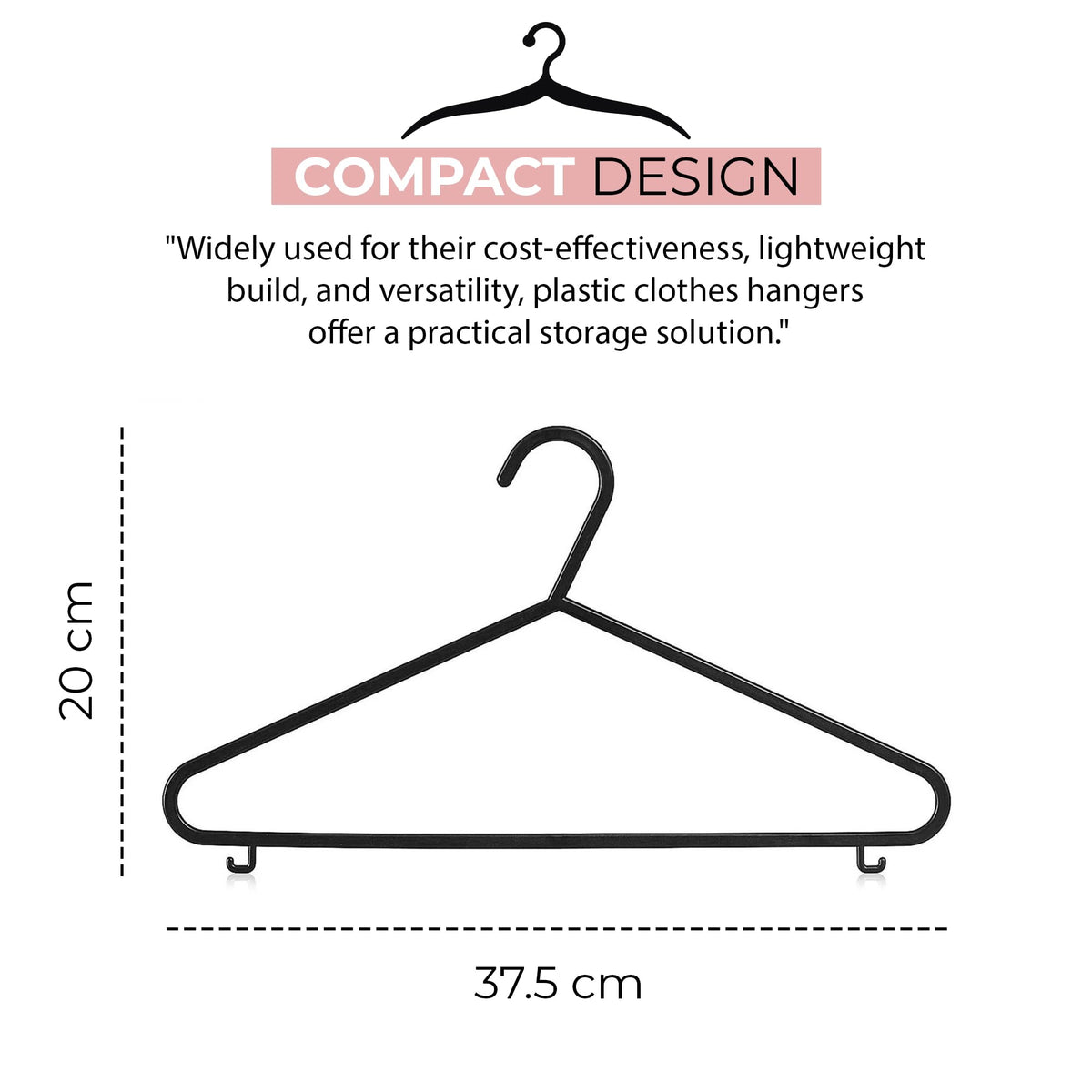 Roe Tenpo Coat Hangers, 50 Pack, Black | Adult Plastic Clothes Hangers for Clothes | Durable & Lightweight | Non-Slip, Space-Saving Design for Shirts
