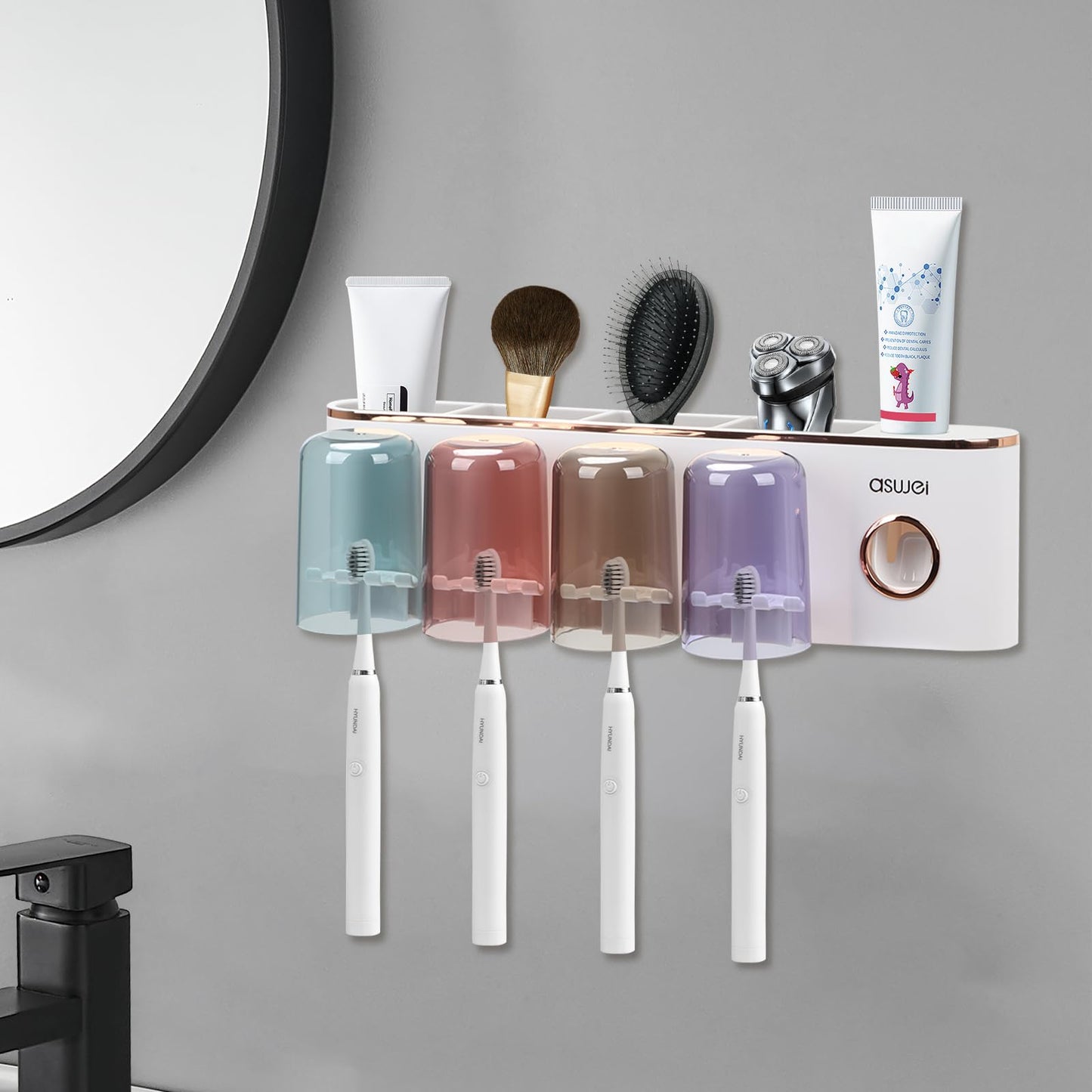 Toothbrush Holder Wall Mounted, Toothbrush Holders for Bathroom with Toothpaste Dispenser, Toothbrush Holder with 4 Cups and 8 Toothbrush Slots