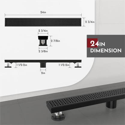 WEBANG 24 Inch Rectangular Linear Shower Floor Drain With Accessories,Quadrato Pattern Grate Removable,Food-grade SUS 304 Stainless