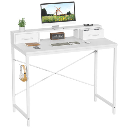 Feonase Industrial-Style Computer Desk with Elevated Monitor Riser & Dual Drawers – 100cm Wide MDF Desktop for Home Office