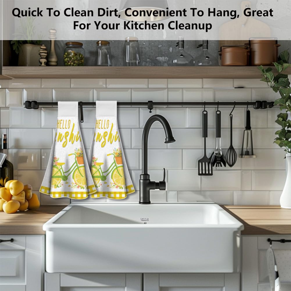 WADORN 2Pcs Lemon Bicycle Flowers Hand Towels with Hanging Loop, Soft Absorbent Bicycle Kitchen Towels Farmhouse Summer Decor Dish Cloths Set for