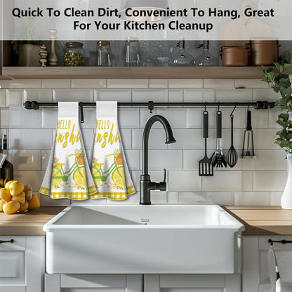 WADORN 2Pcs Lemon Bicycle Flowers Hand Towels with Hanging Loop, Soft Absorbent Bicycle Kitchen Towels Farmhouse Summer Decor Dish Cloths Set for