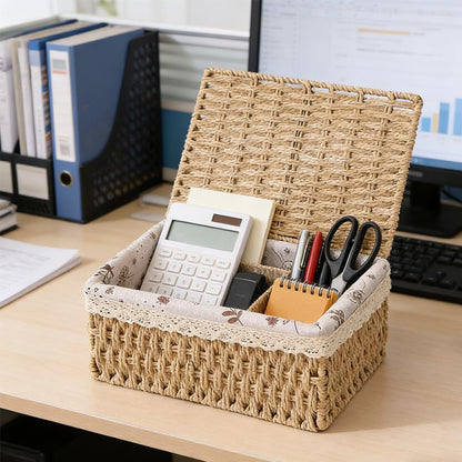 KiKiHong 3 Piece Storage Baskets with Lids,3 Sizes Woven Basket With Lid