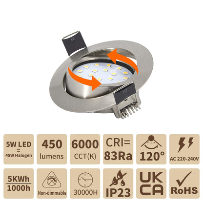 Wondlumi 6X 5W Recessed Ceiling Lights Ultra Slim Spotlight LED Downlights for Ceiling Brushed Chrome Down Light Cool White 240V, Cutout 65-80mm