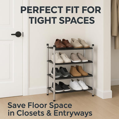 USTECH 4 Tier Adjustable Metal Shoe Rack Storage Organizer | Portable, Large, Free Standing Closet Shelf for Bedroom and Entryway for Kids and Adults