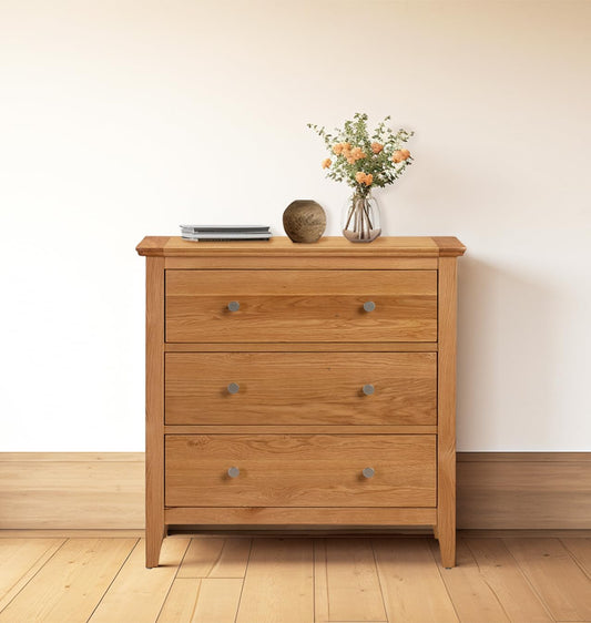 Hallowood Furniture Hereford Oak Chest of Drawers, 3 Wooden Chest Drawers, Small Solid Light Oak Dresser for Bedroom, Living Room & Hallway, Fully