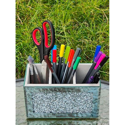 EagleWiz Crushed Diamond Jewel Brush Holder Organiser Beauty Box, 3 Compartment Makeup Storage Box, Silver