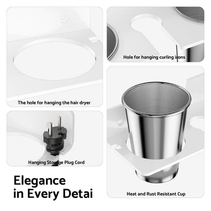 AITEE Hairdryer and Straightener Holder Wall Mounted, White Acrylic Hair Dryer Holders with 2Cups