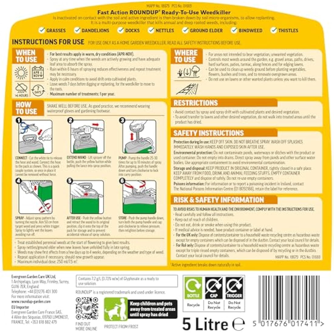 Roundup 119407 Fast Action Weedkiller Pump 'N Go Ready To Use Spray, 5 Litre