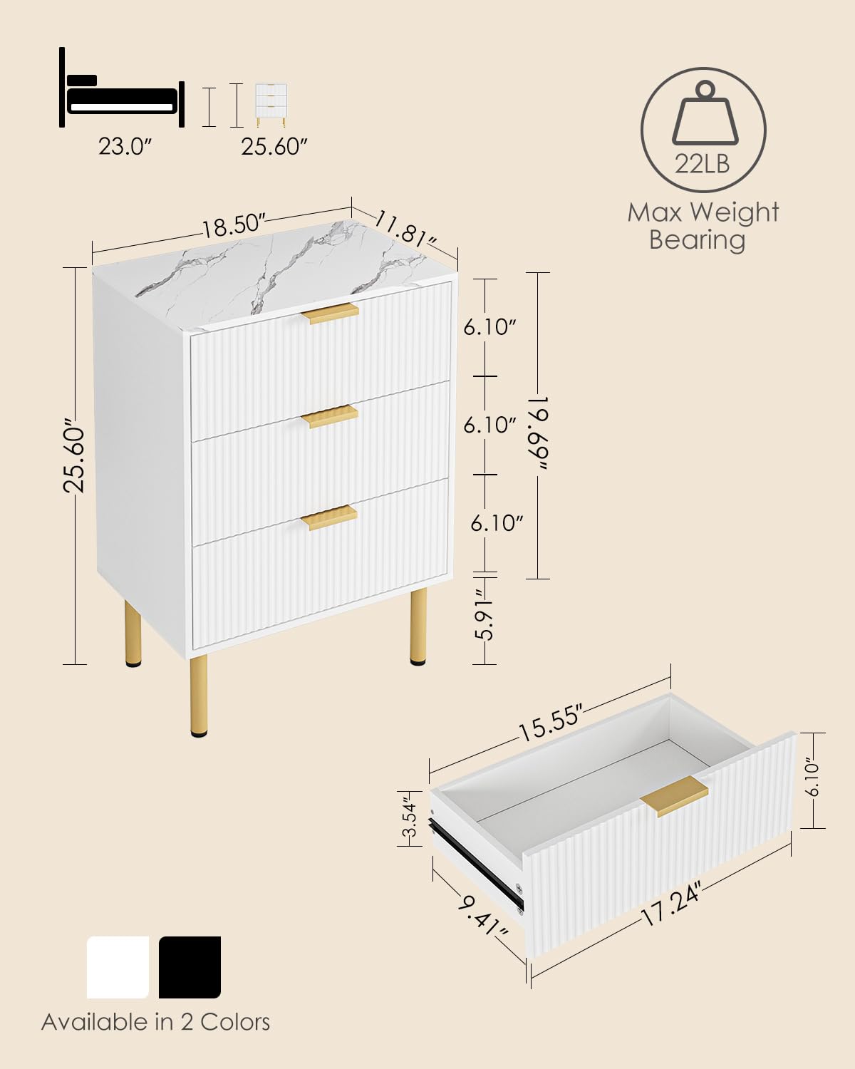Apetaccat Bedside Table with 3 Drawers, Modern Bedside Cabniet with Metal Legs, Fluted Nightstand, Side Table for Bedroom, Living Room, Office, White