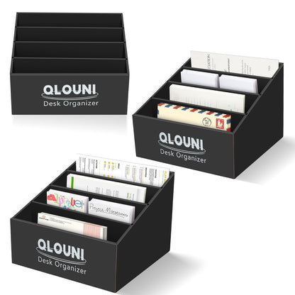 QLQUNI Desk Organiser, 4 Compartment Step Desk Tidy, Black Desktop Storage Box for Letters, Bills, Stationery & Office Supplies