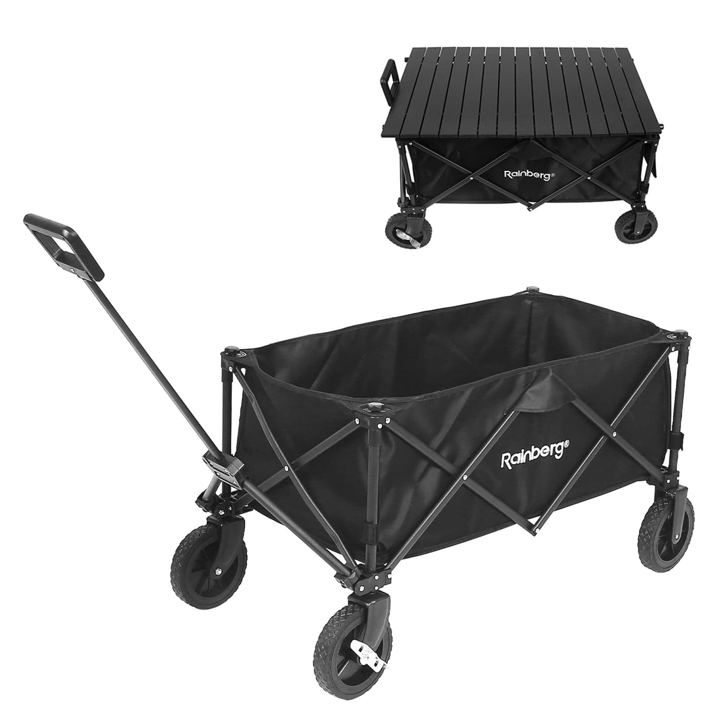 Rainberg Folding Trolley on Wheels & Table on Top Cart with Adjustable Handle & Cover Bag, Foldable Wagon for Outdoor Camping, Picnic, Shopping 120KG