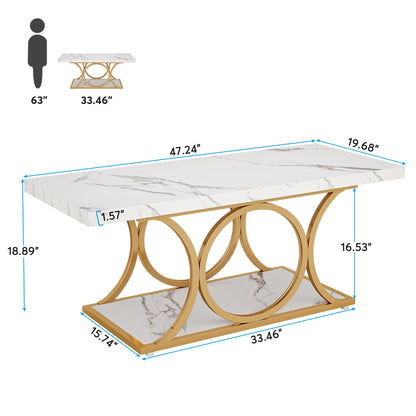 LITTLE TREE White Rectangle Coffee Table, 47 Inches Modern Coffee Tables for Living Room, 2-Tier Faux Marble Wood Coffee Table with Storage
