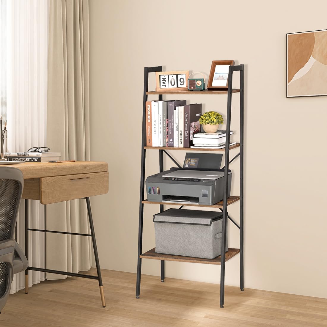 H JINHUI 4-Tier Ladder Shelf, Bookshelf, Living Room Bookcases, Plant Stand, Industrial Style Vintage Storage Shelves for Living Room, Home Office