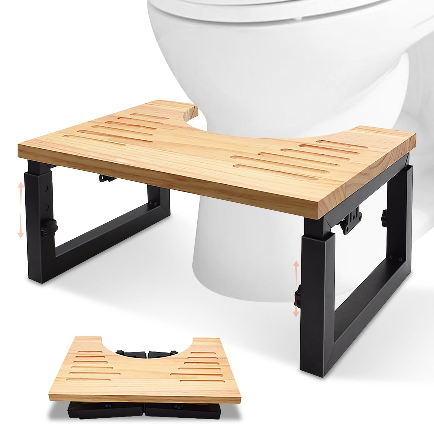 Yiomxhi Toilet Stool Squat Adult, Adjustable Height Wooden Foldable Squat Potty with Anti-Slip Pads, Heavy Duty Bathroom Poop Stool Foot Step for