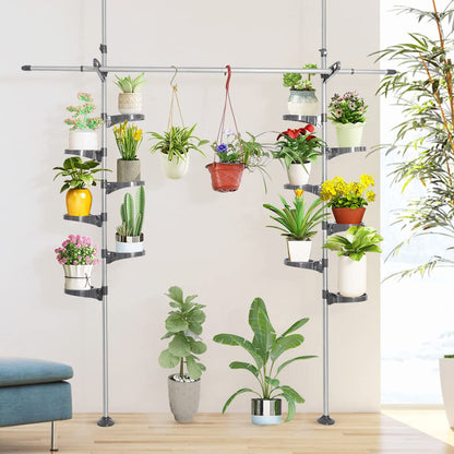 BAOYOUNI Indoor Plant Pole Stand Double Tension Rods Flower Pot Storage Shelf Holders Floor to Ceiling Display Rack Hanger with 12 Trays, 2 Hooks & 1