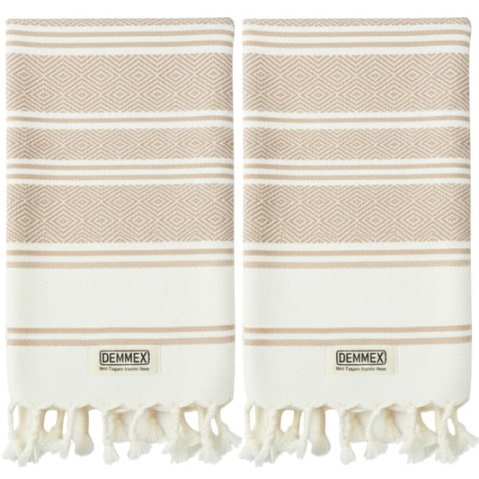 DEMMEX Organic Turkish Cotton Hand Towels Set of 2, Quick Dry Soft Diamond Weave, Absorbent Prewashed OEKO-TEX Bathroom Kitchen Towels 45x90cm (Beige)