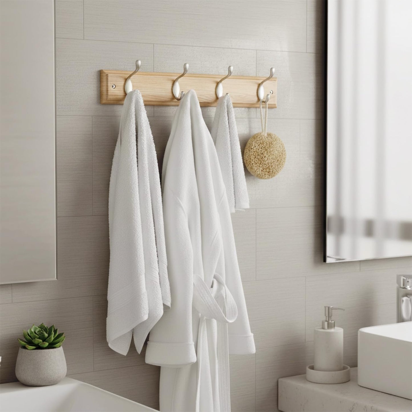 Flatro Coat Hooks Wall-Mounted (Fixings Included) MDF with a Bamboo Finish Coat Rack with 4 Zinc Alloy Hooks to Hang Hats, Jackets, Bags, Keys