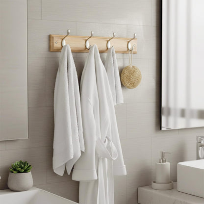Flatro Coat Hooks Wall-Mounted (Fixings Included) MDF with a Bamboo Finish Coat Rack with 4 Zinc Alloy Hooks to Hang Hats, Jackets, Bags, Keys