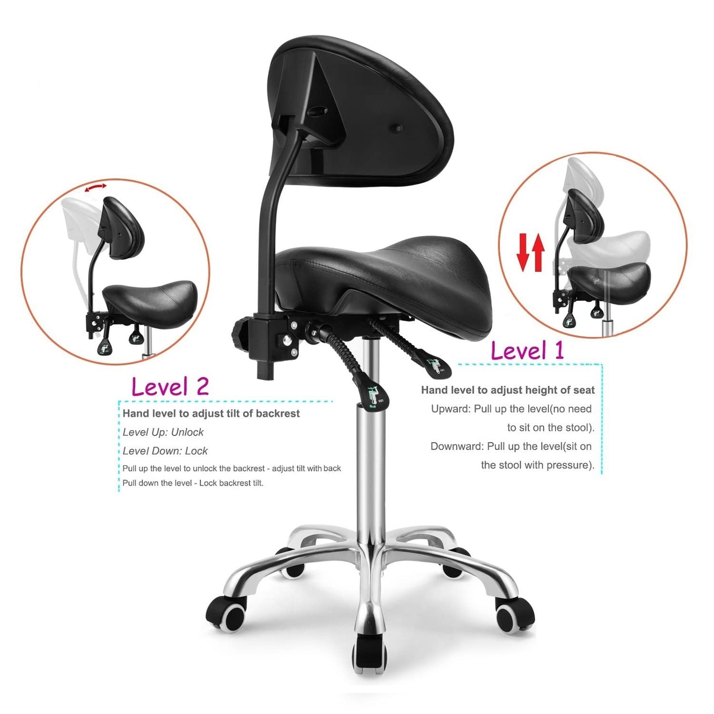 Kaleurrier Rolling Swivel Stool with Back - Height Adjustable with Wheels, Heavy Duty Anti-Fatigue, Ergonomic Chair for Lab, Clinic, Dentist, Salon