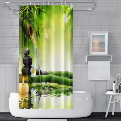 SDOTPMT 180x180cm Spa Bamboo Shower Curtain Green Leaves Aromatic Candles Water Therapy Floral Bath Curtain Zen Meditation Basalt Stones Bathtub