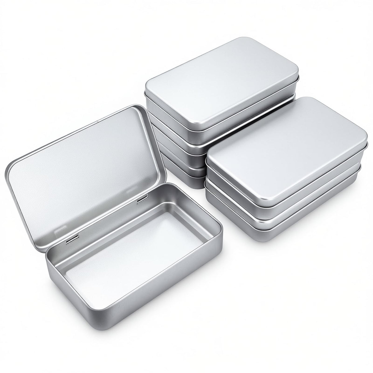 Thintinick 6 Pieces Rectangular Metal Hinged Tins, Silver, 15x9x3cm