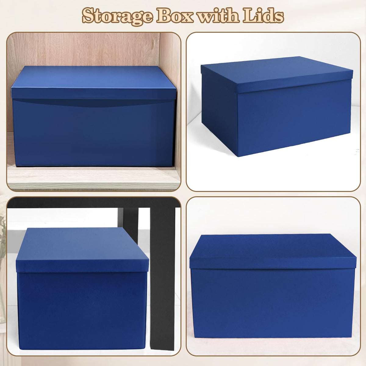 KISPATTI Storage Box, Blue Storage Boxes with Lids 38 x 28 x 19 cm Large Storage Box with Ribbon Cardboard Storage Boxes for Home Bedroom Living Room