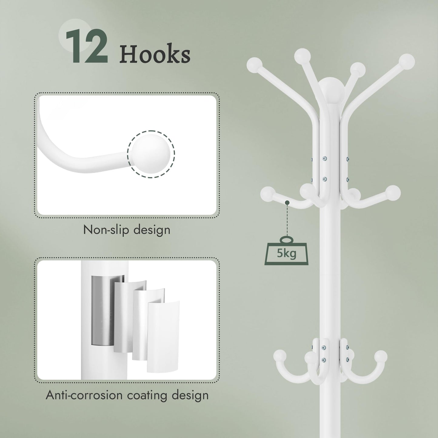 FAVOOSTY Coat Stand Coat Rack with 12 Hooks, Free standing Clothes Clothing Rack with Umbrella Holder, Hats